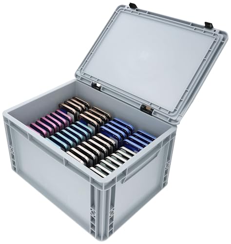 Eurobox mit Schaumstoff-Einsatz mit 48 Fächern für Smartphones | Stoßfeste Aufbewahrungsbox für Schule und Seminare | passender Optimaler Schutz für alle gängigen Modelle von Feldherr
