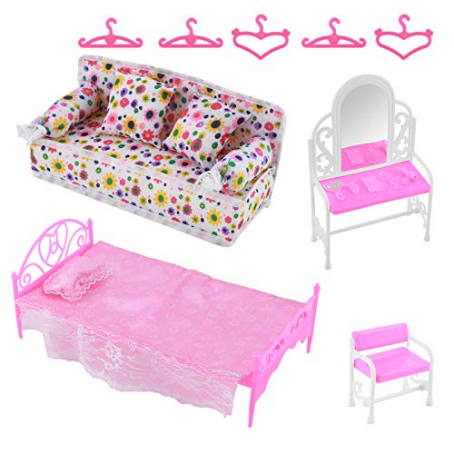 Felenny 8 Stück Prinzessin Möbel Zubehör Kommode Set + Sofa Set + Bett Set + Kleiderbügel für Schlafzimmer Barbie Puppe von Felenny