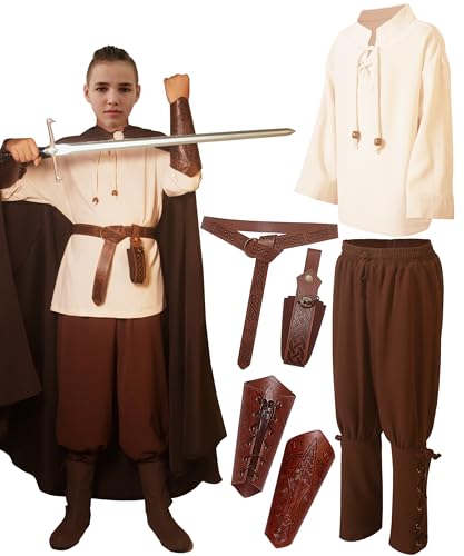 Mittelalterliches Renaissance-Kostüm-Set für Jungen, Wikingerzubehör, Verkleidung für Halloween, beige Tops, braune Hosen, Größe XL Mittelalterliches Renaissance-Kostüm-Set für Jungen, Wikingerzubehör, Verkleidung für Halloween, beige Tops, braune Hosen, Größe XL von Feliardin