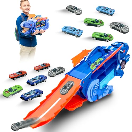 Felicify Autotransporter Dino, Dinosaurier Transporter LKW Mit 12 Auto, Tragbares Truck Spielzeug für Kinder (Blau) von Felicify