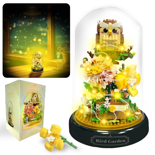 Felicify Blumen Bauspielzeug Setsmit LED Licht, 1123 Stück Eule Blumen Mini Baustein Set mit Schutzhülle, Mikro Blumen Eule Bausteine, Geschenk für Kinder Erwachsene (Eule) von Felicify