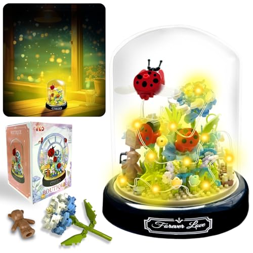Felicify Blumen Bauspielzeug Setsmit LED Licht, 596 Stück Marienkäfer Blumen Mini Baustein Set mit Schutzhülle, Mikro Blumen Insekten Bausteine, Geschenk für Kinder Erwachsene (Marienkäfer) von Felicify
