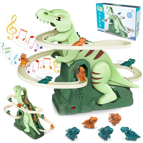 Felicify Dinosaurier Spielzeug Kinder, Dino Treppensteiger & Achterbahn Spielzeug mit Licht und Musik, Dinosaurier Kletterrutsche Spielzeug mit 5 Dino, Geschenk für Kinder Jungen Mädchen von Felicify
