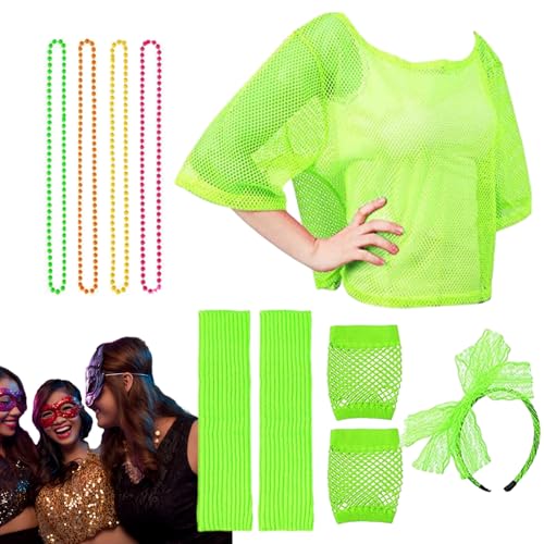 Fellflying 80er-Jahre-Kostüme für Mädchen, 80er-Jahre-Outfit für Mädchen - 1980er-Jahre-Outfit für Mädchen | Kostümzubehör-Set mit Netzhandschuhen, Beinstulpen, Stirnband und Halskette für Damen und von Fellflying