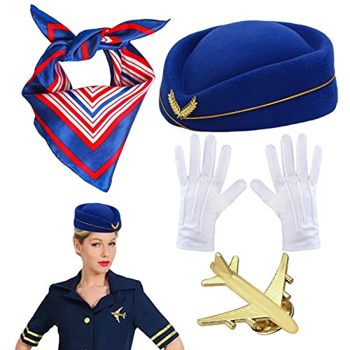 Fellflying Stewardess für Damen Kostümzubehör-Set | Kostüm für Flugbegleiterin mit Stewardess-Mütze, Schals, Brosche und Handschuhen | Stewardess Cosplay Kostümzubehör für Karnevalsparty von Fellflying
