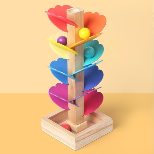 Spielbaum Aus HOL-z Mit Bunten Kugeln, Bunter Kugelturm Mit Spielbaum Und 4 Murmeln, Lernspiel, Regenbogen-Motorikspiel von Fellflying