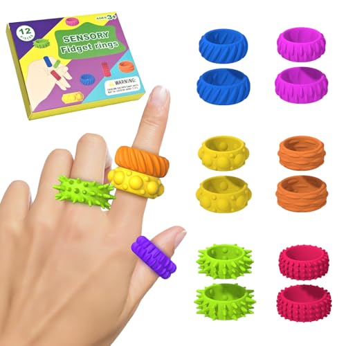 Felly 12 Stück Sensory Fidget Ringe für Autismus ADHD, Anti Stress Spielzeug für Kinder Erwachsene, Beruhigend Bei Stress Angst, Bunte Silikon Leises Akupressur Ringe, Geeignet für Klassenzimmer Büro von Felly