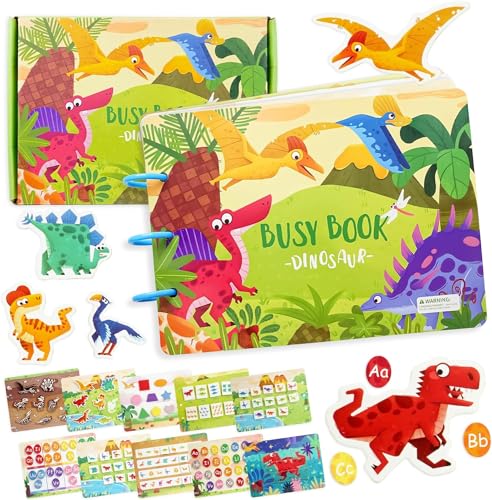 Felly Babys Quiet Book, Montessori Busy Book, Dinosaurier Lernspielzeug ab 1 2 3 Jahre Geschenke für Kleinkinder und Jungen Mädchen, Die Lernen Alphabete,Zahlen,Farben und Formen zu Erkennen von Felly