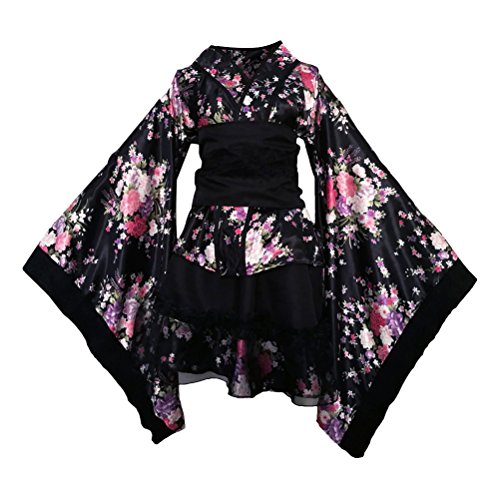 Fenical Frauen Kirschblüten Anime Cosplay Lolita Kleid Japanischen Kimono Kostüm Kleider Kleidung Halloween Kostüm Größe XL (Schwarz) von Fenical