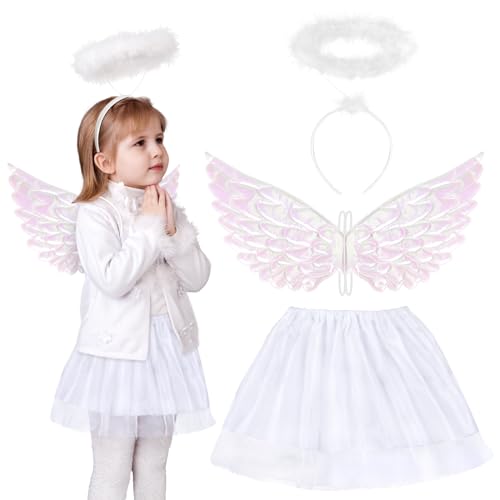 Fennoral 3tlg Engel Kostüm Kinder, Engelsflügel mit Tutu Rock Halo Stirnband, Weiß Federflügel Heiligenschein Mädchen, Christkind Krippenspiel Angel Teufel Cosplay Kinderkostüm für Karneval Fasching Fennoral 3tlg Engel Kostüm Kinder, Engelsflügel mit Tutu Rock Halo Stirnband, Weiß Federflügel Heiligenschein Mädchen, Christkind Krippenspiel Angel Teufel Cosplay Kinderkostüm für Karneval Fasching von Fennoral