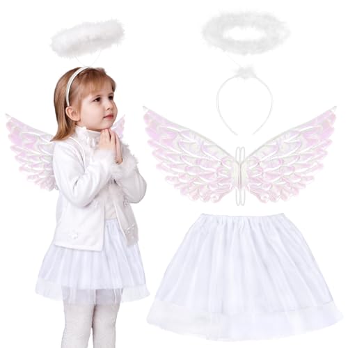 Fennoral 3tlg Engel Kostüm Kinder, Engelsflügel mit Tutu Rock Halo Stirnband, Weiß Federflügel Heiligenschein Mädchen, Christkind Krippenspiel Angel Teufel Cosplay Kinderkostüm für Karneval Fasching von Fennoral