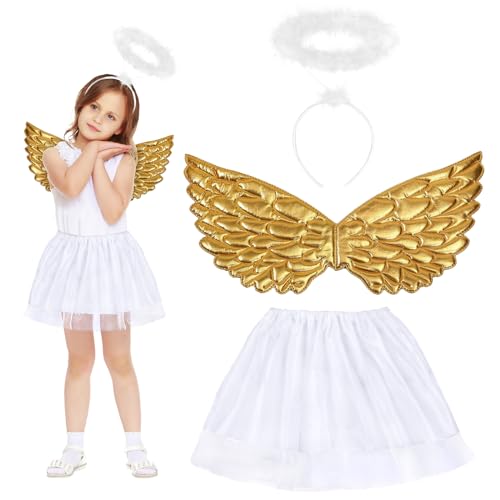 Fennoral 3tlg Engel Kostüm Kinder, Engelsflügel mit Weiß Tutu Rock Halo Stirnband, Gold Federflügel Heiligenschein Mädchen, Christkind Krippenspiel Angel Cosplay Kinderkostüm für Karneval Fasching von Fennoral