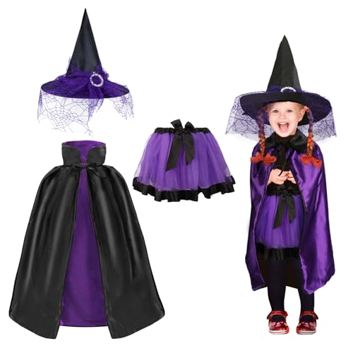 Fennoral 3tlg Hexenkostüm Kinder Halloween Hexen Kostüm mit Lila Hexenrock Schwarz Zauberer Umhang Hexenhut Hexen Zauberer Cosplay Kinderkostüm Zubehör für Mädchen Halloween Karneval Hexennacht Fennoral 3tlg Hexenkostüm Kinder Halloween Hexen Kostüm mit Lila Hexenrock Schwarz Zauberer Umhang Hexenhut Hexen Zauberer Cosplay Kinderkostüm Zubehör für Mädchen Halloween Karneval Hexennacht von Fennoral