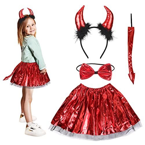 Fennoral 4-teiliges Halloween Teufel Kinderkostüm Set Horn Haarreif Fliege Schwanz Rot Tutu Mädchen Cosplay Zubehör für Halloweenparty Maskerade Karneval Fasching von Fennoral