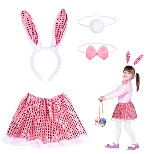 Fennoral 4-teiliges Kinder Haseohren Haarreif Fliege Hasenschwanz mit Rosa Pailletten Tütü Kaninchen Tierkostüm für Mädchen Karneval Ostern Party Cosplay Zubehör von Fennoral