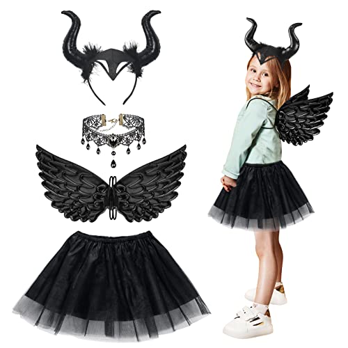 Fennoral 4TLG Karneval Teufel Kinder Böse Königin Hörner Haarreif mit Dunkler Teufelsflügel Spitzenhalskette Tutu Cosplay Kostüm für Fasching Halloween Maskerade Rollenspiel von Fennoral