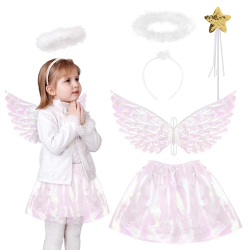 Fennoral 4tlg Engel Kostüm Kinder Weiß Engelsflügel mit Zauberstab Glänzende Tutu Rock Halo Stirnband Federflügel Heiligenschein Mädchen Christkind Angel Cosplay Kinderkostüm für Karneval Fasching von Fennoral