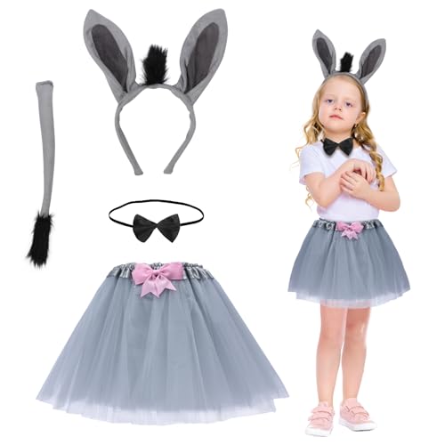 Fennoral 4tlg Esel Kostüm Mädchen Grau Tutu Rock mit Eselohren Stirnband Eselsschwanz Fliege Esel Cosplay Kinderkostüm Tierkostüm für Halloween Karneval Rollenspiel Fasching Mottoparty von Fennoral