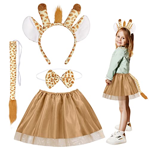 Fennoral 4tlg Giraffen Kinder Kostüm Giraffenohr Stirnband mit Brauner Tüllrock Schwanz Fliege Dschungel Tierkostüm für Karneval Halloween Fasching Geburtstag Mottoparty von Fennoral