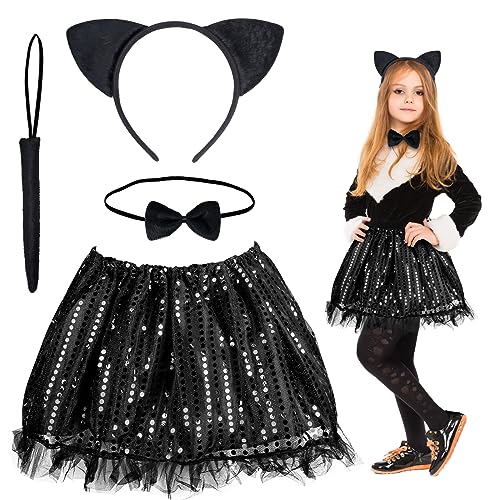 Fennoral 4tlg Katzen Kostüm Kinder Schwarz Pailletten Tutu Rock mit Katzenohren Haarreif Fliege Katzenschwanz Süße Katzen Kinder Tierkostüm für Mädchen Halloween Karneval Fasching Cosplay Mottoparty von Fennoral