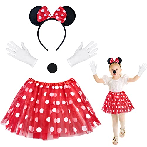 Fennoral 4tlg Kinder Maus Ohren Haarreifen Rote Schleife Mausrock Polka Dot Tüllrock mit Nase Handschuhe für Mädchen Karneval Cosplay Partykostüm von Fennoral