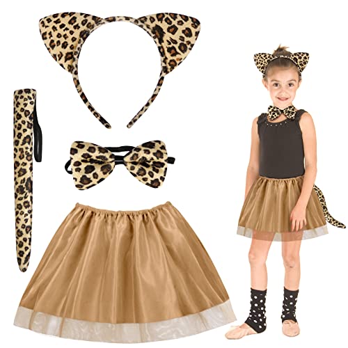 Fennoral 4tlg Leoparden Kostüm Kinder Leopardenohren Haarreif mit Brauner Tüllrock Schwanz Fliege Jaguar Cosplay für Karneval Halloween Fasching Geburtstag Mottoparty von Fennoral