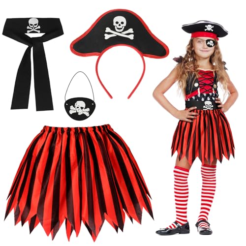 Fennoral 4tlg Piratenkostüm Kinder Mädchen Piraten Kinderkostüm mit Pirat Tutu Rock Augenklappe Haarreife Belt Piratenparty Zubehör für Halloween Karneval Verkleidung Cosplay Rollenspiel Fasching von Fennoral