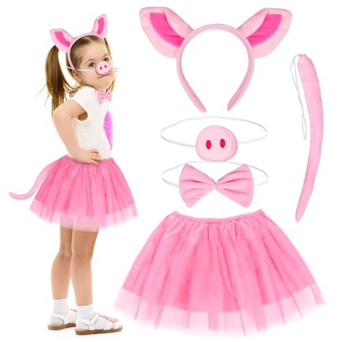 Fennoral 4tlg Schwein Kostüm Mädchen Schwein Ohren Stirnband Kinderkostüm Schweineohr mit Fliege Schweinenase Schwanz Ferkel Cosplay für Kindergeburtstag Karneval Halloween Fasching Party von Fennoral