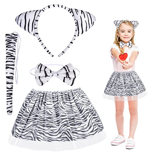 Fennoral 4tlg Zebra Kinder Kostüm Zebraohren Stirnband mit Rock Schwanz Fliege Mädchen Cosplay Tüllrock für Karneval Fasching Halloween Party von Fennoral