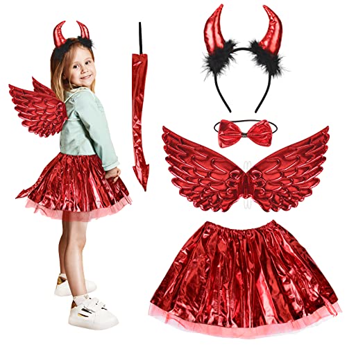 Fennoral 5-teiliges Halloween Teufelsflügel Set Teufel Horn Haarreif Schwanz Fliege Engelsflügel mit rot Tutu für Mädchen Halloweenparty Karneval Cosplay Performance Zubehör von Fennoral