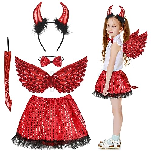 Fennoral 5tlg Halloween Teufel Kostüm Mädchen Rot Schwarz Tutu Rock mit Haarreif Schwanz Fliege Teufelsflügel Teufel Cosplay Kinderkostüm für Halloween Karneval Fasching Mottoparty Maskerade von Fennoral