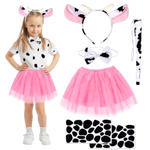 Fennoral 5tlg Kuh Kostüm Mädchen - Gefleckte Tutu Rock Mit Hörner Ohren Haarreif Fliege Schwanz Aufkleber - Kinderkostüm Tierkostüm für Halloween Karneval Fasching Cosplay Mottoparty von Fennoral