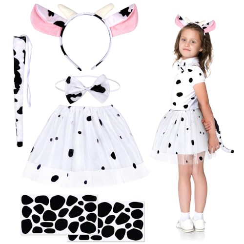 Fennoral 5tlg Kuh Kostüm Mädchen - Gefleckte Tutu Rock Mit Hörner Ohren Haarreif Fliege Schwanz Aufkleber - Kinderkostüm Tierkostüm Für Halloween Karneval Fasching Cosplay Mottoparty von Fennoral