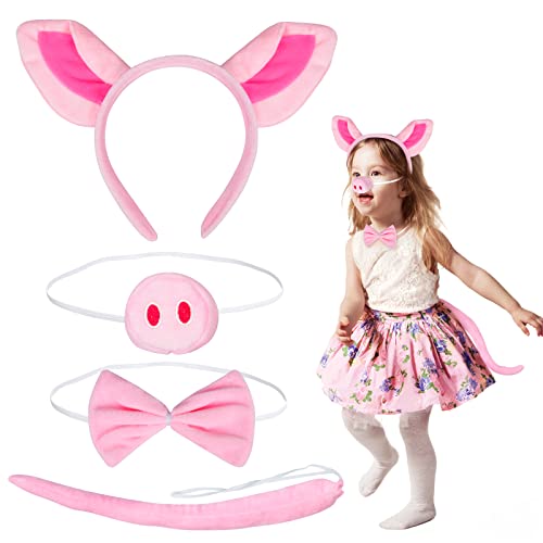 Fennoral 4tlg Schwein Ohren Stirnband Kinderkostüm Schweineohr mit Fliege Schweinenase Schwanz Ferkel Cosplay für Kindergeburtstag Karneval Halloween Fasching Party von Fennoral