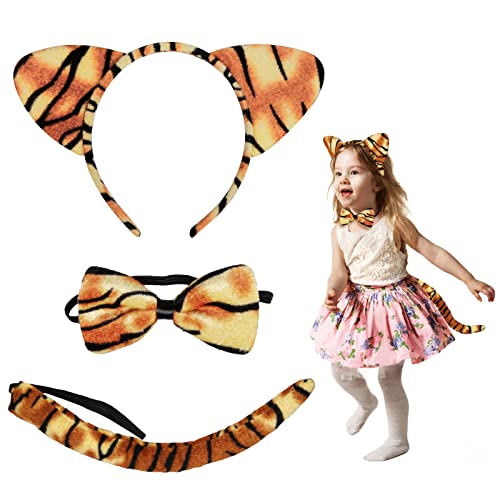 Fennoral 3tlg Tiger Kinderkostüm Tigerohren Stirnband mit Schwanz Fliege Waldtiere Königstiger Cosplay für Kindergeburtstag Dschungel Karneval Halloween Fasching Party Gefallen von Fennoral