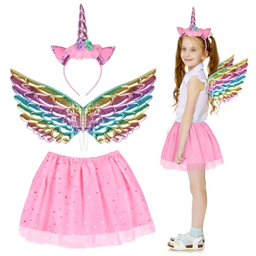 Fennoral 3tlg Einhorn Kostüm Mädchen Einhorn Haarreif Einhorn flügel mit Rosa Tutu Rock Unicorn Cosplay Kinderkostüm Tierkostüm für Halloween Karneval Einhornparty Kindergeburtstag von Fennoral