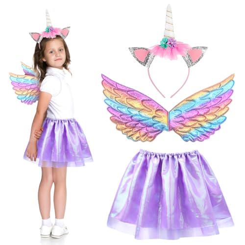 Fennoral 3tlg Einhorn Kostüm Mädchen Lila Einhorn Haarreif Regenbogen Einhornsflügel mit Glänzende Tuturock Unicorn Cosplay Kinderkostüm Tierkostüm für Halloween Karneval Einhornparty Kindergeburtstag von Fennoral