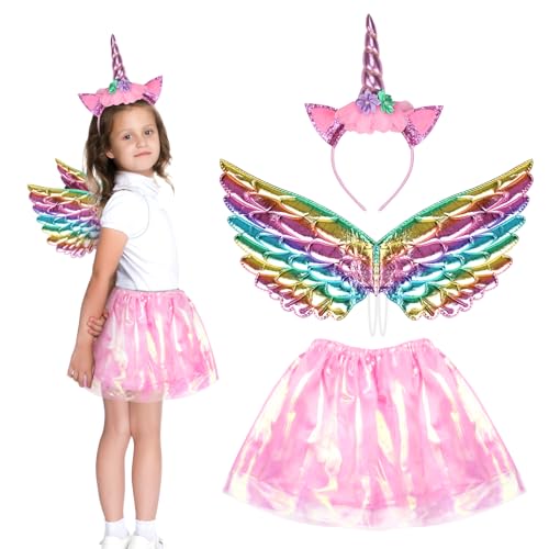 Fennroal 3tlg Einhorn Kostüm Mädchen Rosa Einhorn Haarreif Einhorn flügel mit Glänzende Tutu Rock Unicorn Cosplay Kinderkostüm Tierkostüm für Halloween Karneval Einhornparty Kindergeburtstag von Fennoral