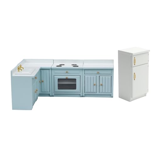 Fenteer 1/12 Puppenhaus Mini-Möbel Küchenset Küchenspielset Schrank Kochtisch Spüle Theke Kühlschrank Set Kombination für Kinder, Blau von Fenteer