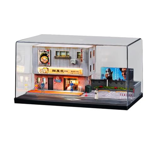 Fenteer 1/64 Druckguss-Autovitrine, Japanisches Straßendiorama mit LED-Diorama, Druckgussräder, Vitrine für Automodelle, winzige Figuren von Fenteer