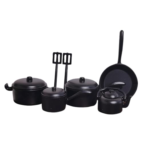 Fenteer 1:12 Puppenhaus Mini Kochgeschirr Mini Kochspiel Set Simulationsdekor Mini -Töpfe und Pfannenmodell für Bahnhof DIY -Projekte, Schwarz von Fenteer