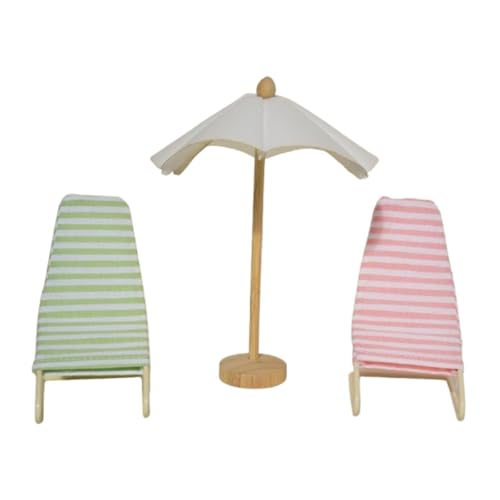 Fenteer 3X 1:12 Dollhouse Beach Stuhl und Regenschirm, handgefertigte Mini -Modelllebenszene, Simulationszubehör Spielzeug für Outdoor Decor, Rosa Grün von Fenteer
