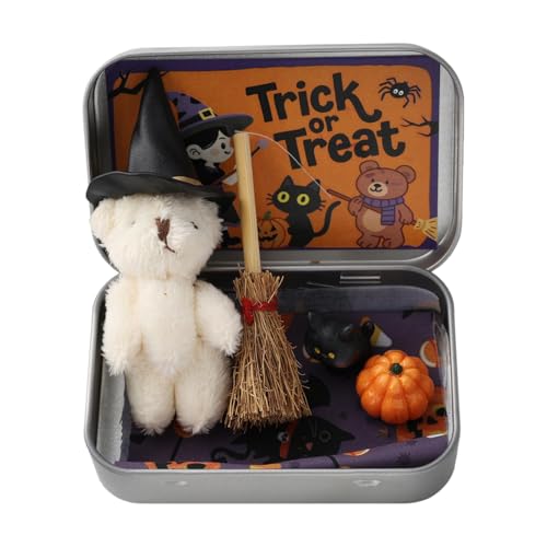 Fenteer Bär in Einer Box, Halloween-Dekoration, Kürbis-Ornamente für Jungen und Mädchen, Mini-Hexenbesen, Mini-Plüschbär, Stofftier, Weiß von Fenteer