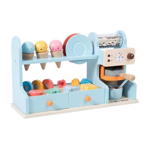 Fenteer Eiscreme-Spielzeug aus Holz, 3-in-1, Kaffee-/Dessert-Maker, Spielset, Lebensmittelladen, Geburtstagsgeschenk, Eiscreme-Bar für 3-, 4-, 5-, 6-jährige, Blau von Fenteer