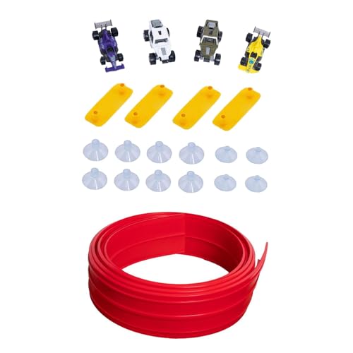 Fenteer Flex Tracks Kinderspielzeug mit 4 Mini-Automodellen, DIY-Spaß, vielseitige Geschenke, Saugnapfhalterung, rollt Sich zusammen, biegsame Rennstrecke, von Fenteer