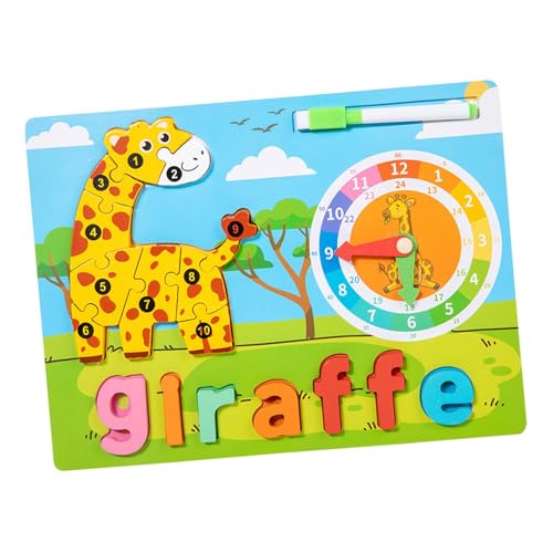 Fenteer Holztierpuzzle, Montessori-Spielzeug mit Uhrenspielzeug, Feinmotorik, Alphabetpuzzle, Holzpuzzle für Geschenkkinder, Giraffe von Fenteer