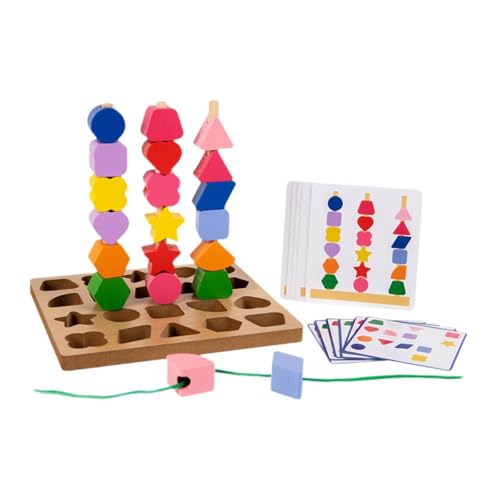Fenteer Montessori-Holzperlen-Sequenzierungsspielzeug-Set, Schnürperlen, geometrische Formen, Früherziehung, Stapelblöcke für Kinder im Vorschulalter von Fenteer