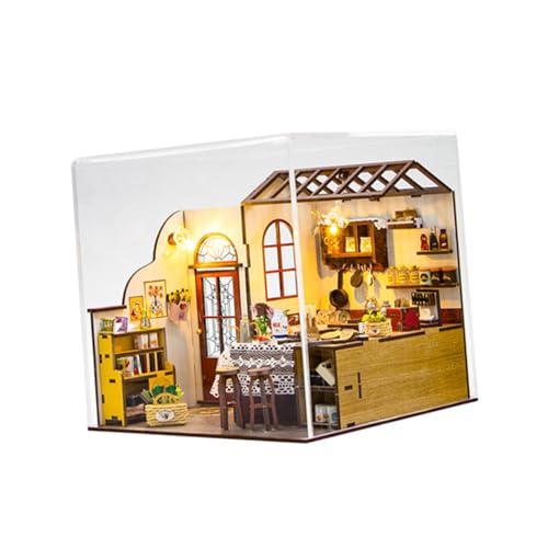 Fenteer Puppenhaus-Miniatur, eingebaute LED-Leuchten, Basteln, dekorativ, handgefertigt, staubdichte Abdeckung, Küchenzimmer für, Erwachsene, Mutter von Fenteer