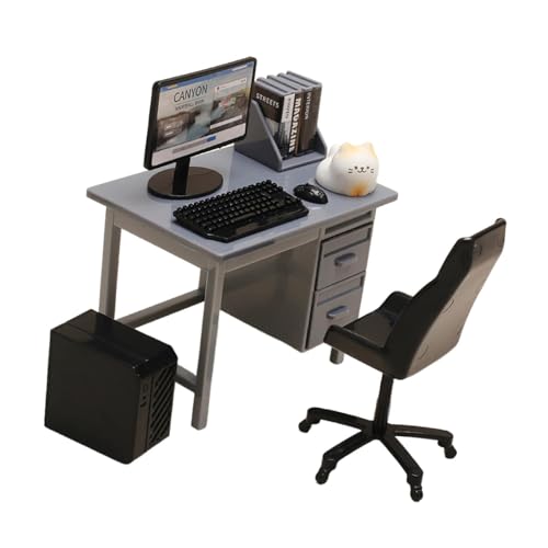 Fenteer Puppenhaus-Zubehör, Puppenhaus-Dekoration, modernes Mini-, Geburtstagsgeschenk, Desktop-Computer, Urlaub, Puppenmöbel, Grauer Schreibtisch von Fenteer