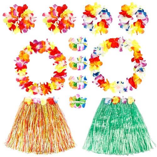 14 Stücke Mädchen Hawaii Hula Gras Rock mit Blumen Kostüm Set Blume Armband Haarspange Kinder Hawaii Outfit für Luau Tropische Strandparty von Feradny